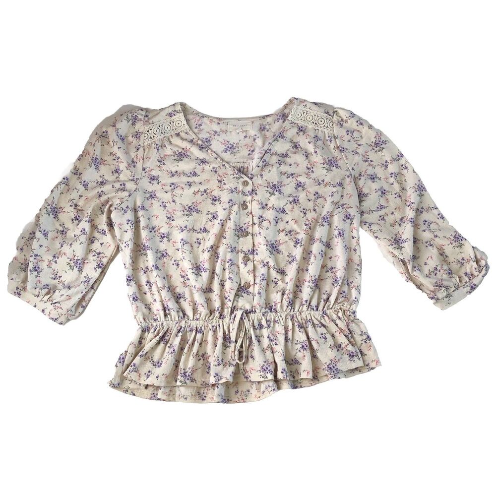 Melloday Floral Peplum Blouse Crochet Lace Cream Purple Flowers Large  07232026